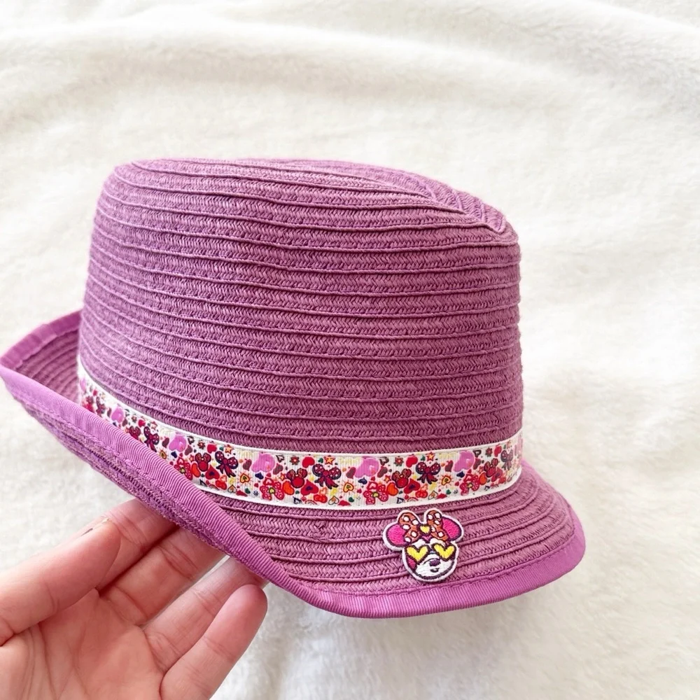 DISNEY PARKS Minnie Mouse Purple Sun Hat Youth Ribbon Patch Girls